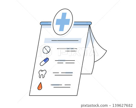 Medical clipboard with health icons and cross symbol vector illustration. Patient care, dental services, blood testing, pharmacy, diagnosis, insurance. Healthcare document with medical symbols Medical clipboard with health icons and cross symbol vector illustration. Patient care, dental services, blood testing, pharmacy, diagnosis, insurance. Healthcare document with medical symbols 139627682
