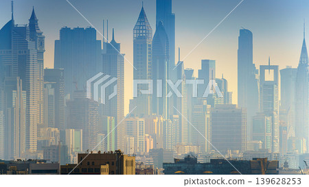 Dubai, United Arab Emirates - Jan 20 2024, panoramic view of the city buildings from skyscrapers in the early morning in the haze and smog, Dubai, United Arab Emirates Dubai, United Arab Emirates - Jan 20 2024, panoramic view of the city buildings from skyscrapers in the early morning in the haze and smog, Dubai, United Arab Emirates 139628253