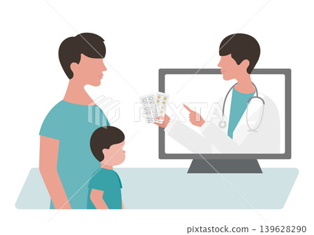 男孩和他的父親正在進行線上醫療諮詢的向量插圖,醫生正在解釋藥物。 男孩和他的父親正在進行線上醫療諮詢的向量插圖,醫生正在解釋藥物。 139628290