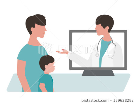 Vector illustration of a boy and his father during an online medical consultation, with a doctor explaining the medical situation. Vector illustration of a boy and his father during an online medical consultation, with a doctor explaining the medical situation. 139628292