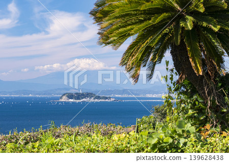 Enoshima and Mount Fuji as seen from Osaki Park in Zushi-Kotsubo. 139628438