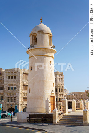 Doha, Qatar - Jan 14 2024, View of the minaret of the Souq Waqif Mosque in Souq Waqif Bazaar area, at daytime, Doha, Qatar Doha, Qatar - Jan 14 2024, View of the minaret of the Souq Waqif Mosque in Souq Waqif Bazaar area, at daytime, Doha, Qatar 139628669