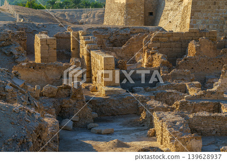 Manama, Bahrain - Jan 15 2024, Panoramic view of the ruins of the ancient fortress of Qalat Al Bahrain, included in the UNESCO World Heritage List, at daytime, Manama, Bahrain Manama, Bahrain - Jan 15 2024, Panoramic view of the ruins of the ancient fortress of Qalat Al Bahrain, included in the UNESCO World Heritage List, at daytime, Manama, Bahrain 139628937