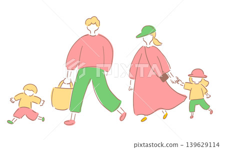 一家四口外出_復古色彩 | 手繪插畫_線條藝術 一家四口外出_復古色彩 | 手繪插畫_線條藝術 139629114