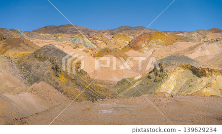 Sir Bani Yas Island, United Arab Emirates - Jan 18 2024, panoramic view of the bare mountains and cliffs of the island of Sir Bani Yas Island, UAE Sir Bani Yas Island, United Arab Emirates - Jan 18 2024, panoramic view of the bare mountains and cliffs of the island of Sir Bani Yas Island, UAE 139629234