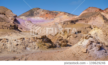 Sir Bani Yas Island, United Arab Emirates - Jan 18 2024, panoramic view of the bare mountains and cliffs of the island of Sir Bani Yas Island, UAE Sir Bani Yas Island, United Arab Emirates - Jan 18 2024, panoramic view of the bare mountains and cliffs of the island of Sir Bani Yas Island, UAE 139629246