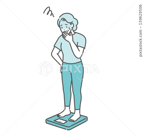 An illustration of a senior woman (standard build) who is shocked after having her weight measured. An illustration of a senior woman (standard build) who is shocked after having her weight measured. 139629506