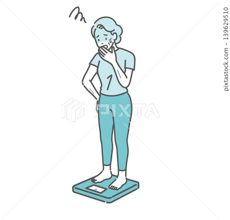 An illustration of a senior woman (thin) who is shocked after having her weight measured. An illustration of a senior woman (thin) who is shocked after having her weight measured. 139629510