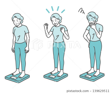 A set of illustrations of a senior woman weighing herself (slim build, 3 different facial expressions). A set of illustrations of a senior woman weighing herself (slim build, 3 different facial expressions). 139629511