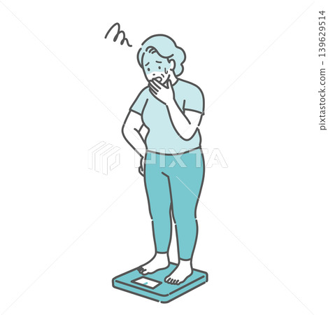 An illustration of a senior woman (obese) who is shocked after having her weight measured. An illustration of a senior woman (obese) who is shocked after having her weight measured. 139629514