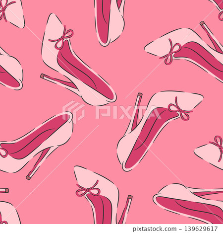 Pink High Heel Shoes Seamless Pattern Vector Illustration. Fashion Stiletto Pumps Repeat Print on Pink Background. Cute Girly Footwear Pink High Heel Shoes Seamless Pattern Vector Illustration. Fashion Stiletto Pumps Repeat Print on Pink Background. Cute Girly Footwear 139629617
