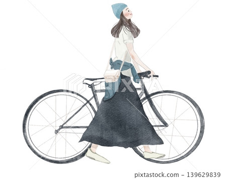 一位穿著自然的女士騎著自行車在鎮上閒逛。 一位穿著自然的女士騎著自行車在鎮上閒逛。 139629839