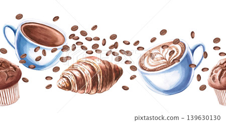 A seamless border featuring two cups of coffee, a croissant, a muffin, and scattered coffee beans. Watercolor illustration for coffee shop branding, menu design, advertising, and food blogs. A seamless border featuring two cups of coffee, a croissant, a muffin, and scattered coffee beans. Watercolor illustration for coffee shop branding, menu design, advertising, and food blogs. 139630130