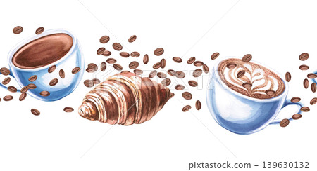 A seamless border featuring two cups of coffee, a croissant, and scattered coffee beans. Watercolor illustration for coffee shop branding, menu design, advertising, and food blogs. A seamless border featuring two cups of coffee, a croissant, and scattered coffee beans. Watercolor illustration for coffee shop branding, menu design, advertising, and food blogs. 139630132