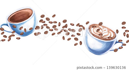 A seamless border of two coffee cups and scattered beans. It conveys a cozy atmosphere. Watercolor illustration for coffee shop branding, menu design, advertising, and food blogs. A seamless border of two coffee cups and scattered beans. It conveys a cozy atmosphere. Watercolor illustration for coffee shop branding, menu design, advertising, and food blogs. 139630136