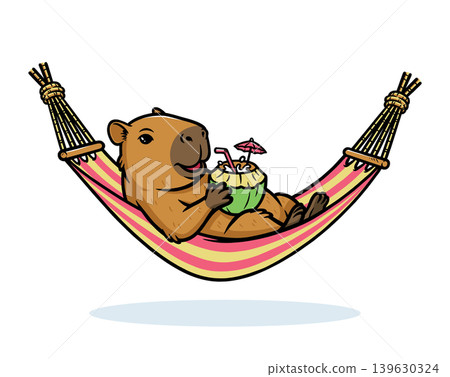 capybara relaxing in a hammock while drinking coconut. capybara relaxing in a hammock while drinking coconut. 139630324