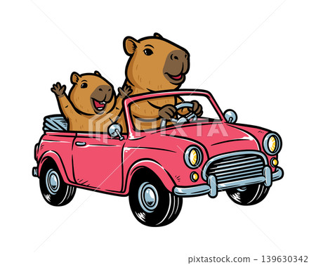 capybara and her child are riding in a car 139630342