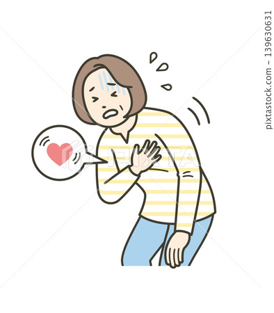 An illustration of the upper body of a middle-aged woman clutching her chest in distress due to palpitations. An illustration of the upper body of a middle-aged woman clutching her chest in distress due to palpitations. 139630631