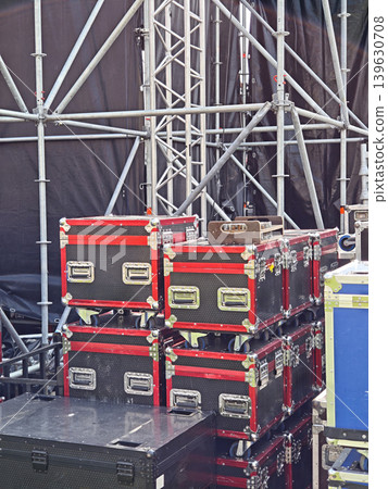 Outdoor concert stage setup with metal scaffolding Outdoor concert stage setup with metal scaffolding 139630708