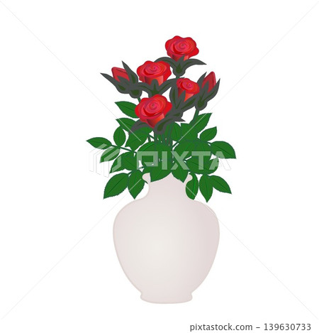 An illustration of roses arranged in a rounded vase. 139630733