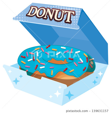 Blue Glazed Donut with Colorful Sprinkles in an Open Cardboard Box 139631157