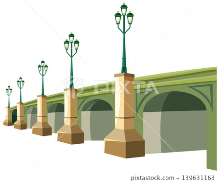 Vector Illustration of a Green Arched Bridge with Vintage Street Lamps 139631163