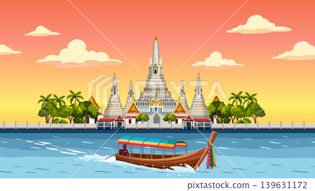 Traditional Thai Longtail Boat Passing Wat Arun Temple in Bangkok at Sunset Traditional Thai Longtail Boat Passing Wat Arun Temple in Bangkok at Sunset 139631172