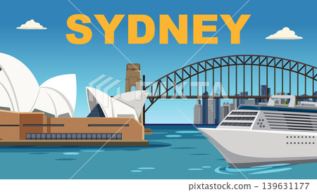 Flat Vector Illustration of Sydney Harbor with Opera House and Bridge 139631177