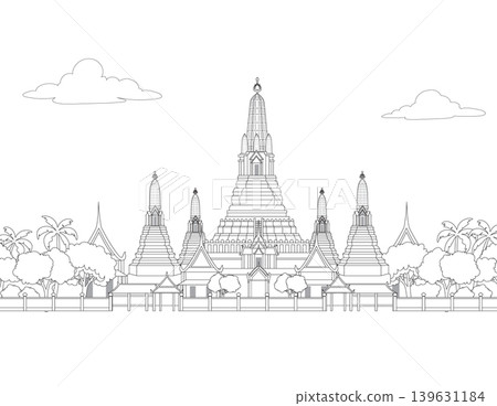 Black and White Line Art Illustration of Wat Arun Temple in Bangkok Thailand Black and White Line Art Illustration of Wat Arun Temple in Bangkok Thailand 139631184