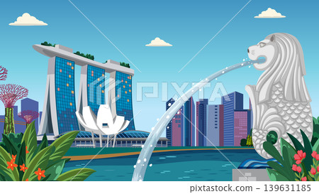 Singapore City Skyline Vector with Merlion Statue and Modern Architecture 139631185
