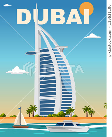 Dubai Travel Poster with Sail Shaped Hotel and Coastal City View Dubai Travel Poster with Sail Shaped Hotel and Coastal City View 139631196