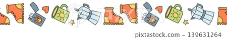 Colorful hand drawn adventure border with equipment and hiking backpack seamless pattern. Trekking gear for travel and camp trip in seamless cartoon doodle style, graphic design for outdoor 139631264