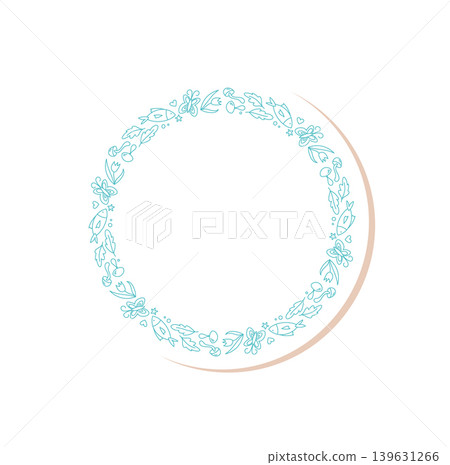 Circular frame with adventure, mountain, camp, and outdoor doodle outline. Nature and hiking label design, forest hand drawn graphic in blue. Ideal as circular frame for adventure or nature themed 139631266