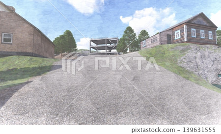 3DCG images of a tsunami/flood evacuation drill to higher ground and an evacuation tower (no people shown). 3DCG images of a tsunami/flood evacuation drill to higher ground and an evacuation tower (no people shown). 139631555