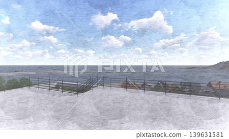 海嘯/洪水疏散演習至高地和疏散塔的 3DCG 影像(圖中無人)。 海嘯/洪水疏散演習至高地和疏散塔的 3DCG 影像(圖中無人)。 139631581