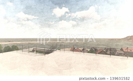海嘯/洪水疏散演習至高地和疏散塔的 3DCG 影像（圖中無人）。 139631582