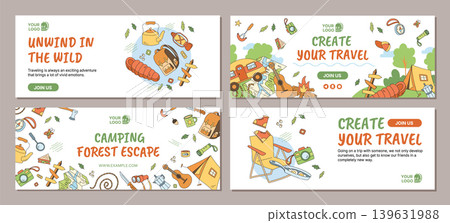 Colorful camping adventure set doodle banner in hand drawn style. Campfire, tent and equipment with trip theme as background for travel camp set, colorful and adventure design, doodle collection. 139631988