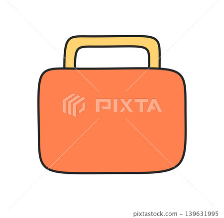 First aid kit icon in colorful sketch style. Camp bag as equipment for adventure and travel. Doodle graphic element for hiking, kit symbol outdoor camp, suitable tourist trip and expedition. 139631995
