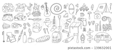 Doodle outdoor adventure camping set in outline style. Collection of hiking equipment and camp element for forest activities. Black line graphic perfect for camping and nature themed projects. Doodle outdoor adventure camping set in outline style. Collection of hiking equipment and camp element for forest activities. Black line graphic perfect for camping and nature themed projects. 139632001