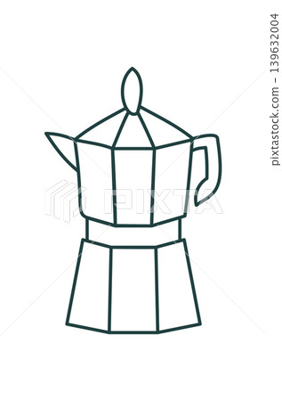 Minimal camp coffee pot line art. Outdoor mug symbol as contour sketch. Simple doodle drawing of travel equipment, cute gear for camping and hike. Green tone and white space, nature trip vibe, vector Minimal camp coffee pot line art. Outdoor mug symbol as contour sketch. Simple doodle drawing of travel equipment, cute gear for camping and hike. Green tone and white space, nature trip vibe, vector 139632004
