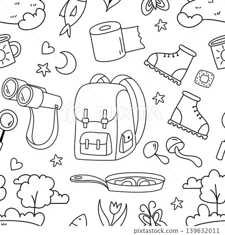 Seamless camping adventure outline doodle sketch in black and white pattern. Camping pattern with backpack, outdoor equipment, and hiking graphic, arranged as adventure theme for camp nature 139632011