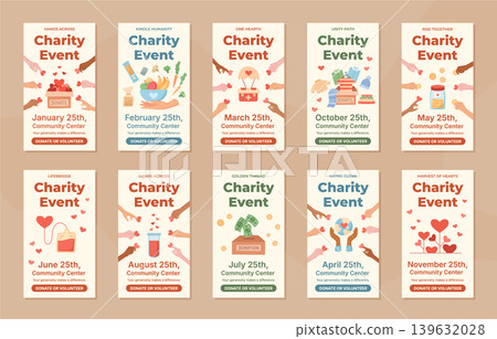 Charity event banner set in flat style. Community poster layout for people who donate and volunteer as support and help. Heart theme with donation message useful as template for social media 139632028