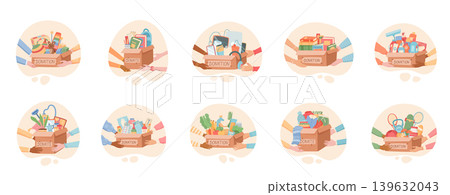 Help gift box set with hand and heart. Donation box with toy, book and cloth as care for children kid. Food goods in brown container as support for poor people community welfare Help gift box set with hand and heart. Donation box with toy, book and cloth as care for children kid. Food goods in brown container as support for poor people community welfare 139632043