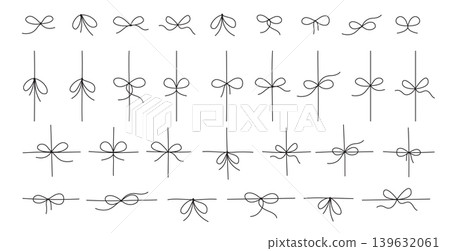 Coquette hand drawn wedding bow set in simple white line. Romantic lace ribbon knot appears as cute girly ornament and vintage love decor. Elegant curly bow element suits card or invite and minimal Coquette hand drawn wedding bow set in simple white line. Romantic lace ribbon knot appears as cute girly ornament and vintage love decor. Elegant curly bow element suits card or invite and minimal 139632061