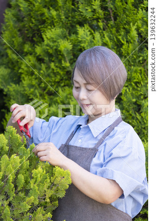 老年婦女們在自家院子裡享受園藝的樂趣 老年婦女們在自家院子裡享受園藝的樂趣 139632244