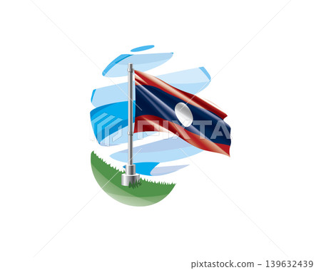 Laos flag on a green lawn against a background of blue abstract sky Laos flag on a green lawn against a background of blue abstract sky 139632439