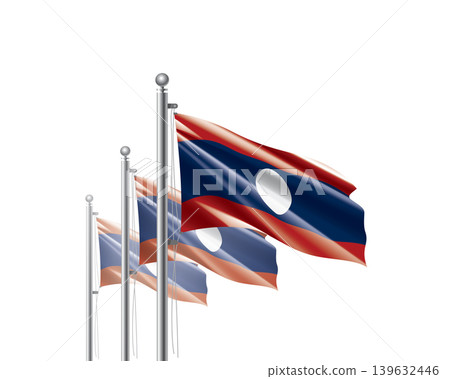 Brightly shining Laos flags wave proudly on tall masts during official celebration events Brightly shining Laos flags wave proudly on tall masts during official celebration events 139632446