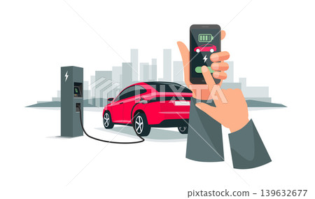 Hands Holding Smartphone with Charging App and Electric Car Recharging Batteries Hands Holding Smartphone with Charging App and Electric Car Recharging Batteries 139632677