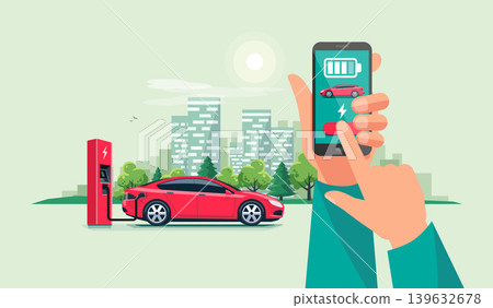 Hand with Smartphone and Charging App with Electric Car Recharging Batteries Hand with Smartphone and Charging App with Electric Car Recharging Batteries 139632678