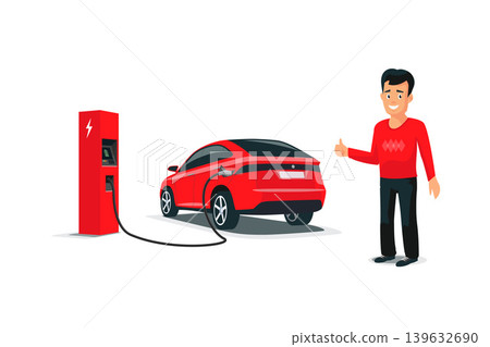 Isolated Smiling Man with Red Electric Car SUV Charging Isolated Smiling Man with Red Electric Car SUV Charging 139632690